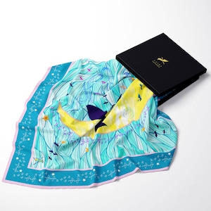 Luxury square blue satin silk large printed scarves, foulard gift with gift box, christmas present for her, neck head hair scarf