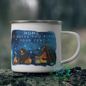 Campfire Comfort Camping Mug: Home is Where You Pitch Your Tent Cup - 12 oz Enamel Cup