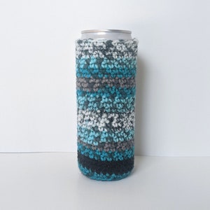 Crocheted Can Cozy for Slim Can/Bottle -- Aegean Stripes