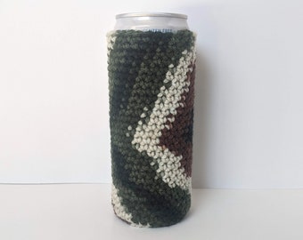 Crocheted Can Koozie for Slim Can/Bottle -- Green Camo
