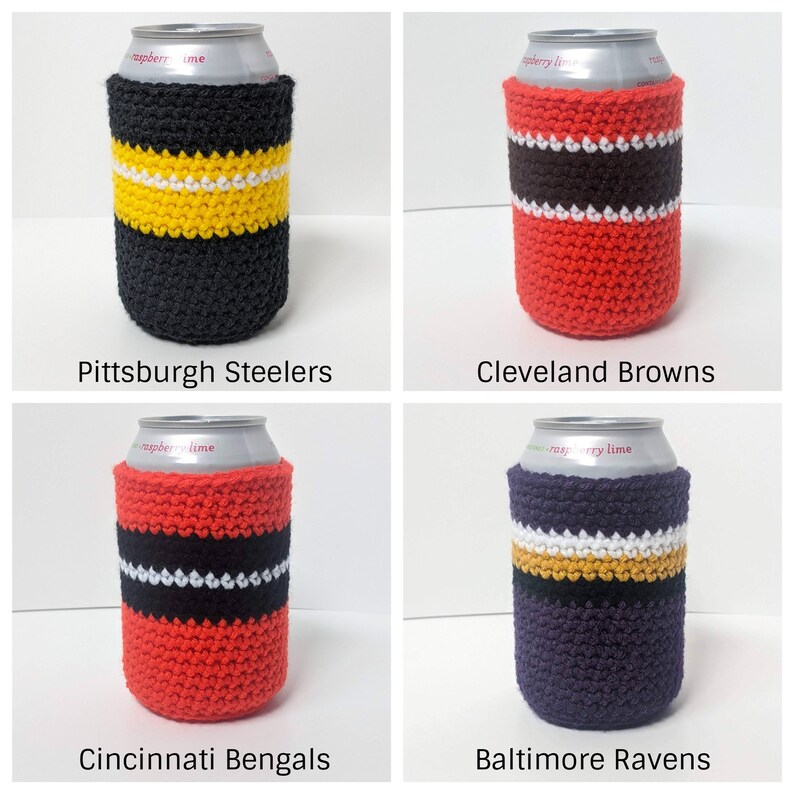 May include: Four crocheted can coolers in team colors. The coolers are black and yellow, red and brown, red and black, and purple and gold. Each cooler has a white stripe.