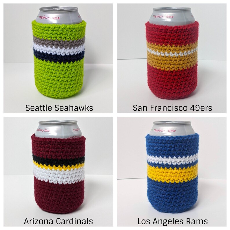 May include: Four crocheted can coolers in team colors: green and white for the Seattle Seahawks, red and gold for the San Francisco 49ers, maroon and gold for the Arizona Cardinals, and blue and yellow for the Los Angeles Rams.