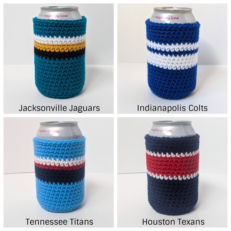 May include: Four crocheted can coolers in team colors. The coolers are teal with black, gold, and white stripes, blue with white stripes, blue with red, white, and black stripes, and navy blue with red and white stripes. The coolers are labeled with the team names: Jacksonville Jaguars, Indianapolis Colts, Tennessee Titans, and Houston Texans.