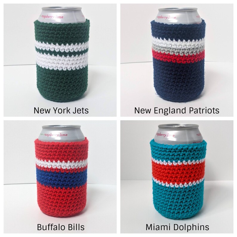 May include: Four crocheted can coolers in team colors. The coolers are green and white, navy blue and red, red and blue, and teal and orange. The coolers are labeled with the team names: New York Jets, New England Patriots, Buffalo Bills, and Miami Dolphins.