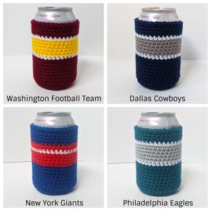May include: Four crocheted can coolers in team colors. The coolers are red and yellow, navy and gray, blue and red, and teal and gray.