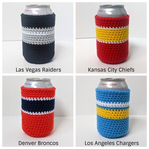 May include: Four crocheted can coolers in team colors. The coolers are red, black, blue, and light blue with white and yellow stripes. The coolers are labeled with the team names: Las Vegas Raiders, Kansas City Chiefs, Denver Broncos, and Los Angeles Chargers.