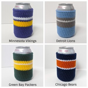 May include: Four crocheted can coolers in team colors. The coolers are purple and yellow for the Minnesota Vikings, blue and gray for the Detroit Lions, green and yellow for the Green Bay Packers, and navy blue and orange for the Chicago Bears.