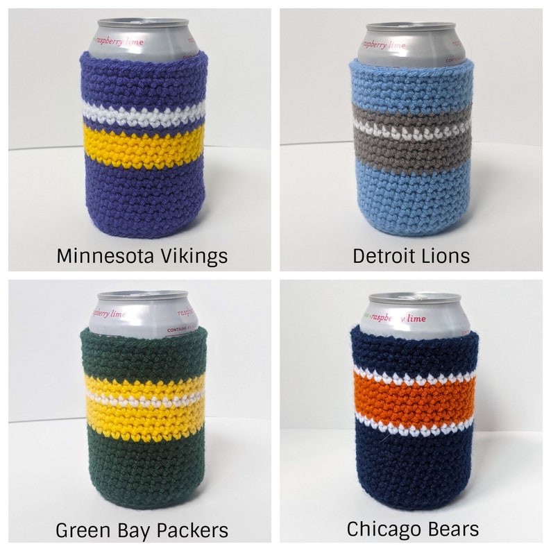 May include: Four crocheted can coolers in team colors. The coolers are purple and yellow for the Minnesota Vikings, blue and gray for the Detroit Lions, green and yellow for the Green Bay Packers, and navy blue and orange for the Chicago Bears.