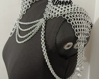 Chainmail shoulder collar jewelry with small chain layers aluminum jump rings neck piece wedding cosplay costume festival renaissance faire