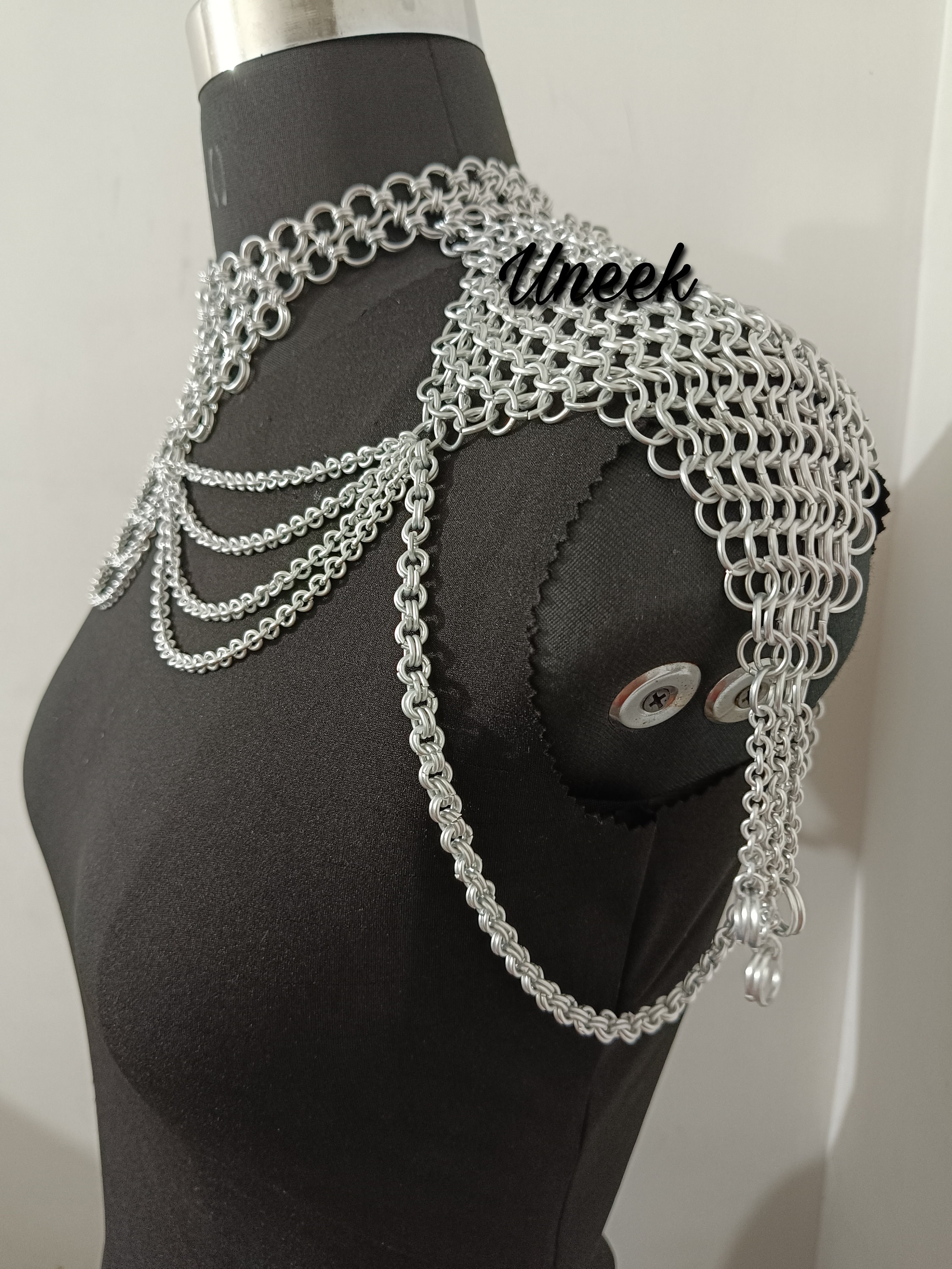Chainmail shoulder collar jewelry with small chain layers aluminum jump rings neck piece wedding cosplay costume festival renaissance faire