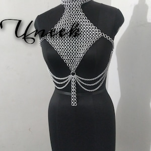 Chainmaille Beautiful Uneek Top/Bra Metal Aluminum Chainmail Jump Ring Design Deep Neck Cosplay Costume Chainmail Festival Renaissance Faire