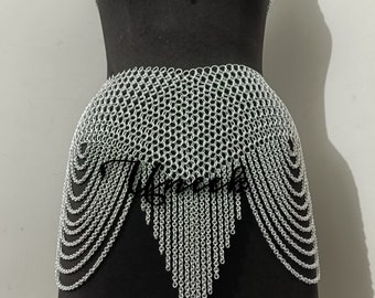 Chainmail Silver SET Shoulder Chain & Skirt, Rave outfit, festival jewelry, Waist Chain, Christmas Party Dress, Cosplay Ren faire Mini Skirt