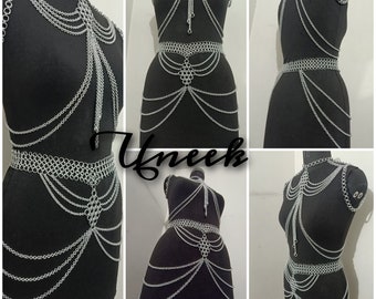 Chainmail Shoulder Chain & Skirt Set, Silver Waist Chain, Rave outfit, festival jewelry, Christmas Party Dress, Cosplay Ren faire Mini Skirt