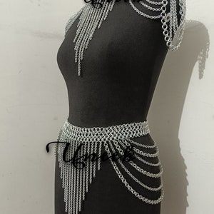 Chainmail Shoulder Chain & Skirt/Belt, Rave Outfit, Fringed Costume, Collar Neck Shoulder Jewelry, Ren Faire Mini Skirt, Tassel Silver Dress