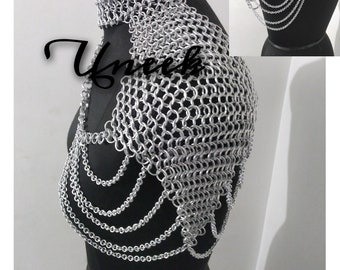 Chainmail One Side Shoulder Collar With Small Chain Layers, Aluminum Jump Ring Neck Piece, Wedding Cosplay Costume, Festival Outfit Renfaire