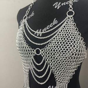 Halloween Chainmail Bra, Chainmaille Top For Girls/ Women, Chain Spaghetti Top, Silver Halter Chainmail Harness Warrior Queen Festival Top