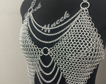 Halloween Chainmail Bra, Chainmaille Top For Girls/ Women, Chain Spaghetti Top, Silver Halter Chainmail Harness Warrior Queen Festival Top