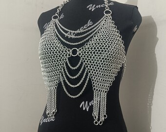 Halloween Chainmail Bra, Chainmaille Top For Girls/ Women, Chain Spaghetti Top, Silver Halter Chainmail Harness Warrior Queen Festival Top