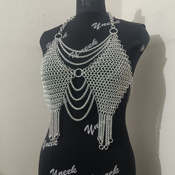 Halloween Chainmail Bra, Chainmaille Top For Girls/ Women, Chain Spaghetti Top, Silver Halter Chainmail Harness Warrior Queen Festival Top