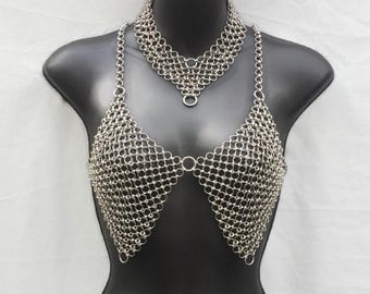 Medieval Roleplay Fantasy Chainmail Crop Halter Bra, Aluminium body piece, Cosplay Metal Necklace, Swim Dress Antique Gothic LARP uneek bra