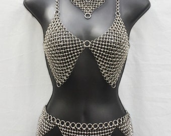 Medieval Roleplay Fantasy Chainmail Crop Halter Bra Mini Skirt/Belt Aluminium Bikini Cosplay Metal Necklace Swim Dress Antique Gothic LARP