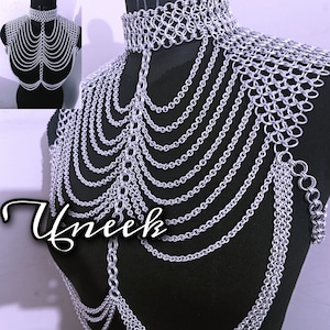 Chainmail Silver Shoulder Jewelry, Chainmaille Harness, Rave outfit, Festival Gift, Collared Neck Front Fringed Top, Christmas Ren faire Bra