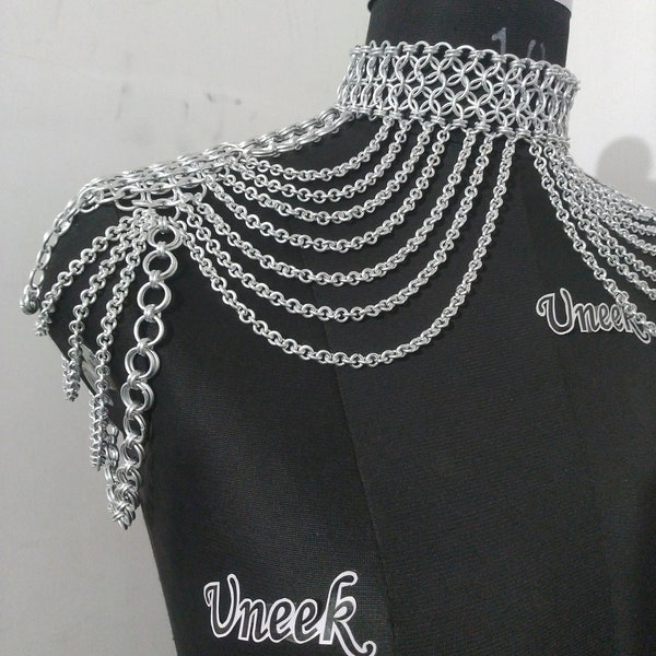 Chainmail shoulder collar jewelry with small chain layers aluminum jump rings neck piece wedding cosplay costume festival renaissance faire