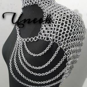 Chainmail One Side Shoulder Collar With Small Chain Layers, Aluminum Jump Ring Neck Piece, Wedding Cosplay Costume, Festival Outfit Renfaire