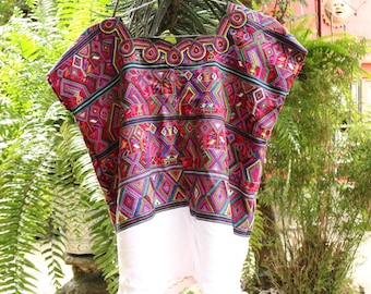 Waist loom huipil: Mayan blouse from Nebaj, Quiche Guatemala, woven and brocaded on a waist loom