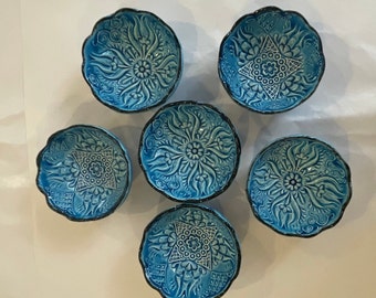 Handmade Ceramic 6 Blue Bowls, Floral Patterned Bowls, Snack, Tapas, Dessert, Dried Nuts, Fruits Bowls, Christmas gift, Home Kitchen Bowls