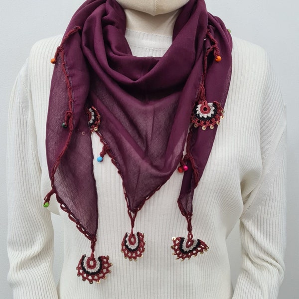 Scarf, Handmade Scarf Surrounded by Lace, Oya with Scarf, Crochet Hand painted  turkish needle lace Oya scarf, yazma yemeni, Christmas gift
