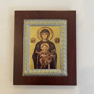 925 Sterlingsilber mit Goldvergoldung Jungfrau Maria und Jesus Ikone, Gebet Religion Ikone, Geschenk Silber Ikone