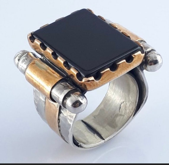 925 Silver Onyx Stone Ring, Rectangular Onyx Shap… - image 2