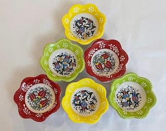 Ethnic Set of Ceramic 6Bowls, Snack  Breakfast Turkish Tile Dishes Decorative Hand painted Gift  Bowls, Christmas gift ceramic bowls kitchen