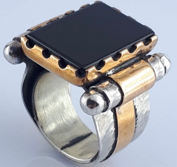 925 Silver Onyx Stone Ring, Rectangular Onyx Shap… - image 1