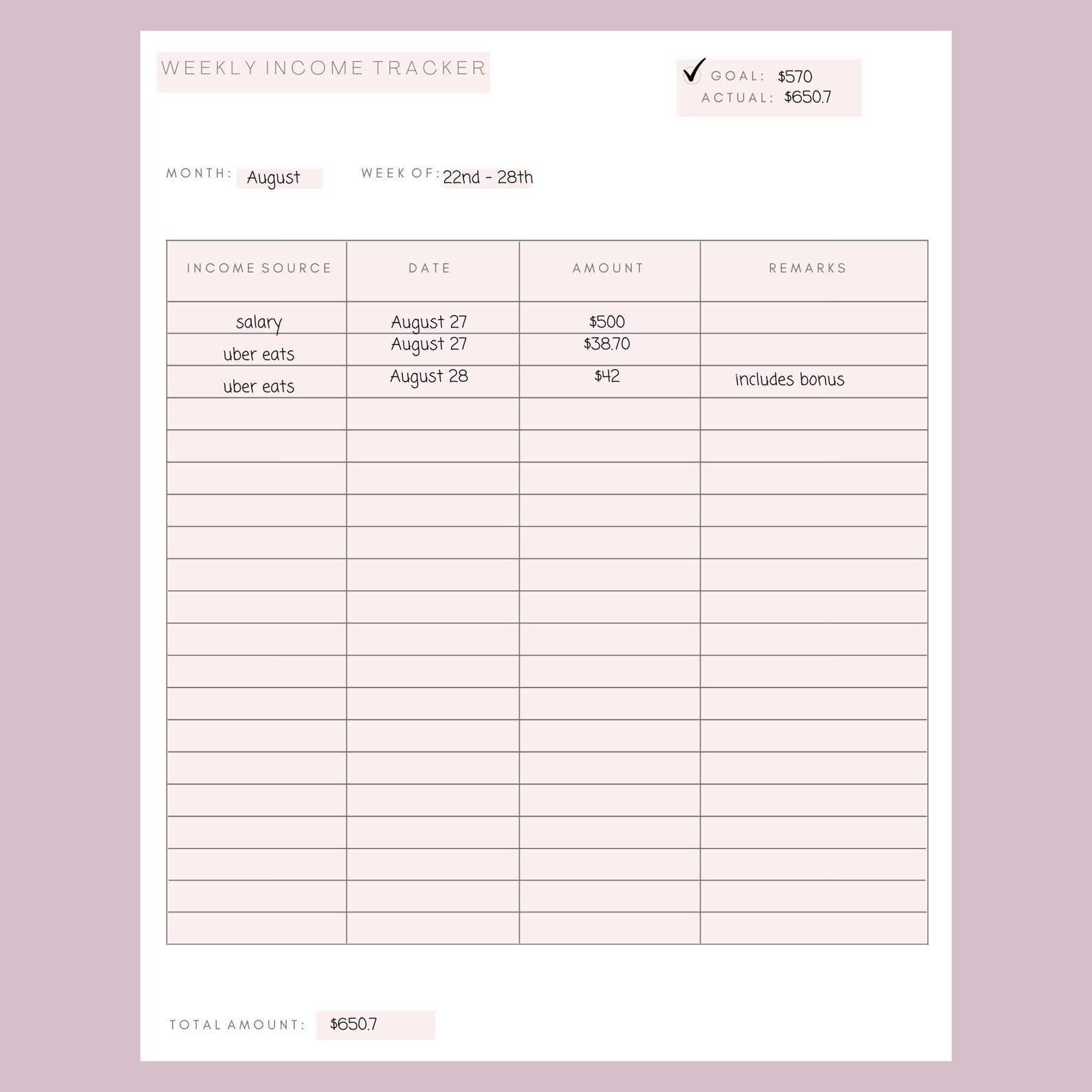 Weekly Income Chart Weekly Income and Expense Tracker Printable | Budget Planner ...