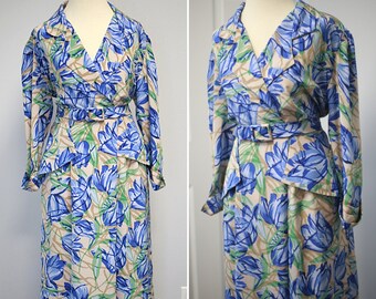Vintage 1980s Floral Belted Dress - 80s Handmade Blue Floral Peplum Dress