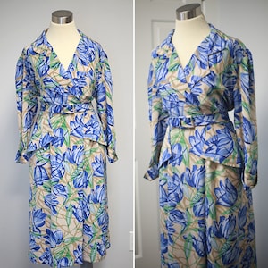 Vintage 1980s Floral Belted Dress - 80s Handmade Blue Floral Peplum Dress