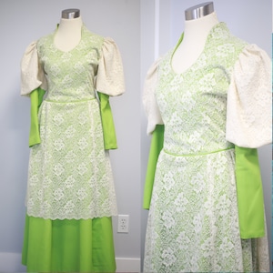 Vintage 70s Cream Lace and Puff Sleeves Prairie Dress - Handmade Lace Gunne Sax Style Prairie Dress - 70s Maxi Dress Medium