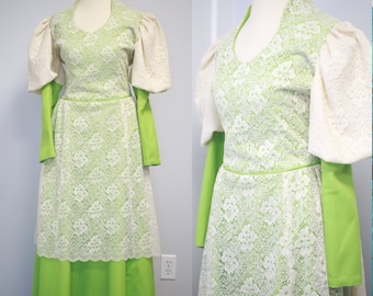 Vintage 70s Cream Lace and Puff Sleeves Prairie Dress - Handmade Lace Gunne Sax Style Prairie Dress - 70s Maxi Dress Medium