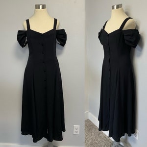 Vintage 1990s Moda INTL Black Strap and Draped Sleeves Dress - 90s Vintage Fitted Gown Size SMALL