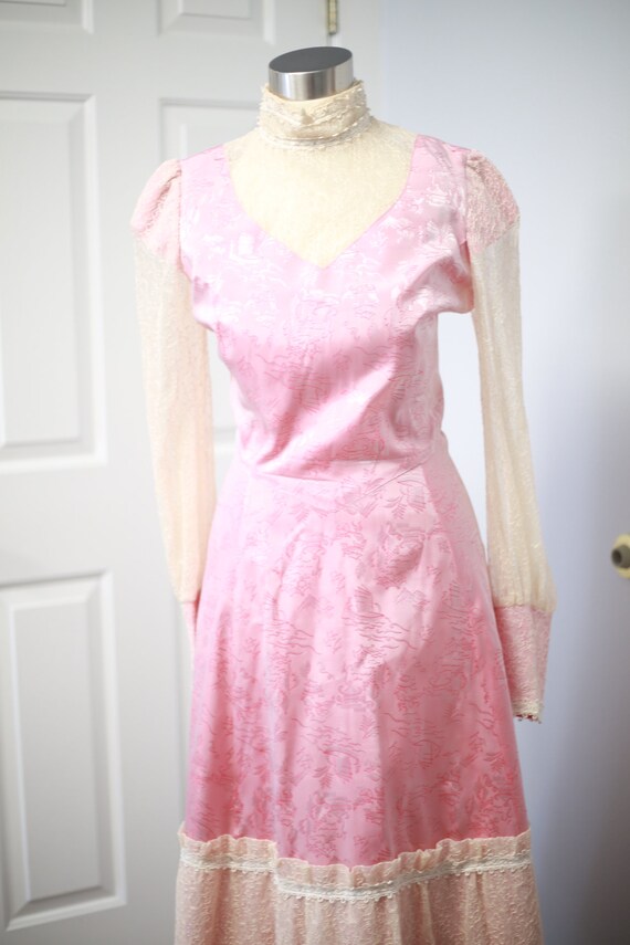 Vintage 70s Toile de Jouy High Neck Prairie Dress… - image 2
