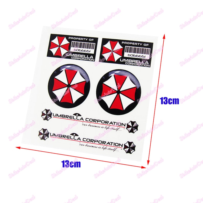 May include: A sheet of stickers featuring the Umbrella Corporation logo from the Resident Evil video game franchise. The stickers include two large round logos, two smaller rectangular logos, and two smaller rectangular logos with the text "our business is life itself..." The sheet measures 13 cm by 13 cm.