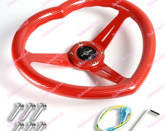 13.5" Red Carbon Fiber Style Heart Shaped Racing Steering Wheel Universal ABS New