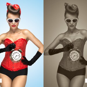 Pu&ograve; includere: Una donna con un corsetto rosso e guanti neri tiene un orologio da sveglia vintage davanti a s&eacute;. L'orologio ha un quadrante bianco con numeri e lancette neri.