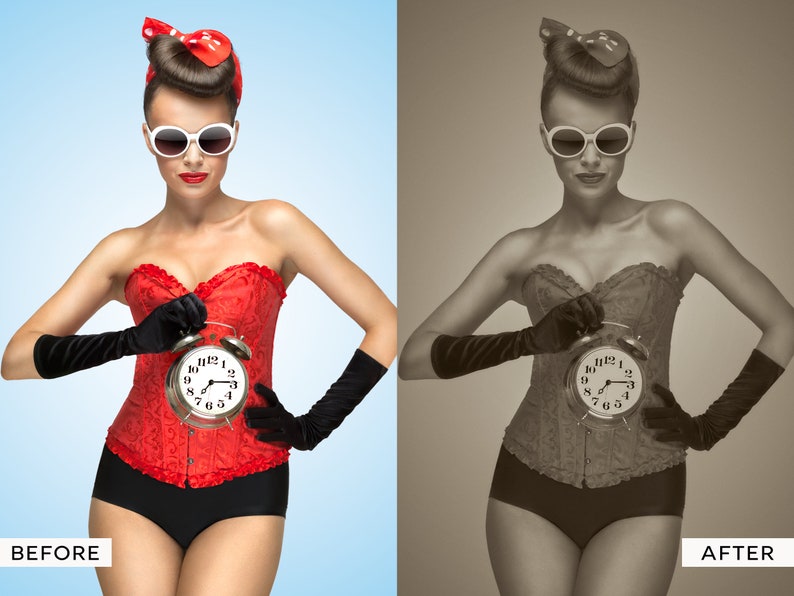 Pu&ograve; includere: Una donna con un corsetto rosso e guanti neri tiene un orologio da sveglia vintage davanti a s&eacute;. L'orologio ha un quadrante bianco con numeri e lancette neri.
