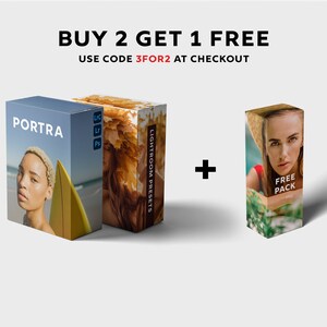 May include: Buy 2 Lightroom presets and get 1 free. Use code 3FOR2 at checkout. The image shows three boxes with different Lightroom presets. The first box is labeled "PORTRA" and features a woman with a surfboard. The second box is labeled "LIGHTROOM PRESETS" and features a woman in a field. The third box is labeled "FREE PACK" and features a woman in a pool.