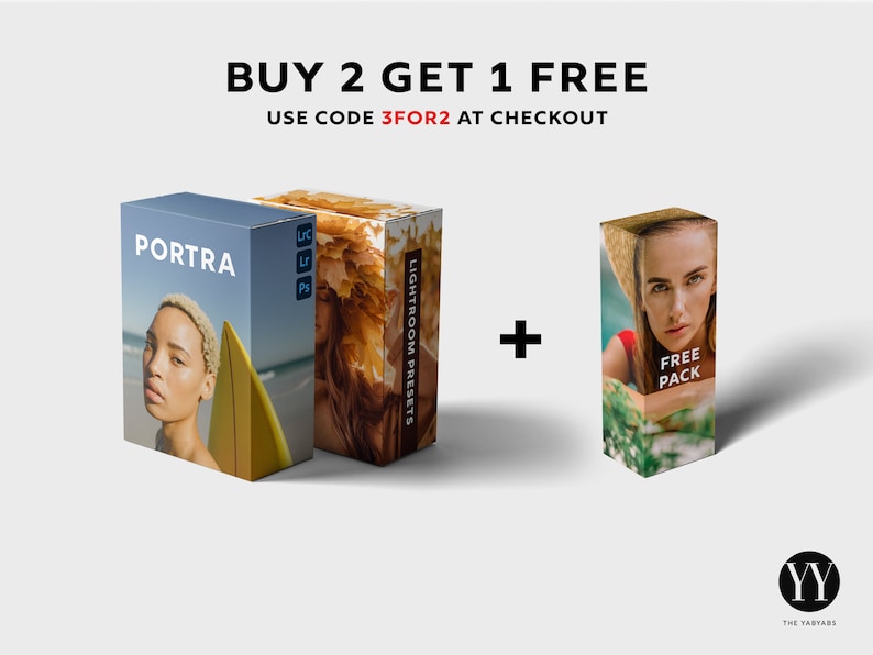May include: Buy 2 Lightroom presets and get 1 free. Use code 3FOR2 at checkout. The image shows three boxes with different Lightroom presets. The first box is labeled "PORTRA" and features a woman with a surfboard. The second box is labeled "LIGHTROOM PRESETS" and features a woman in a field. The third box is labeled "FREE PACK" and features a woman in a pool.