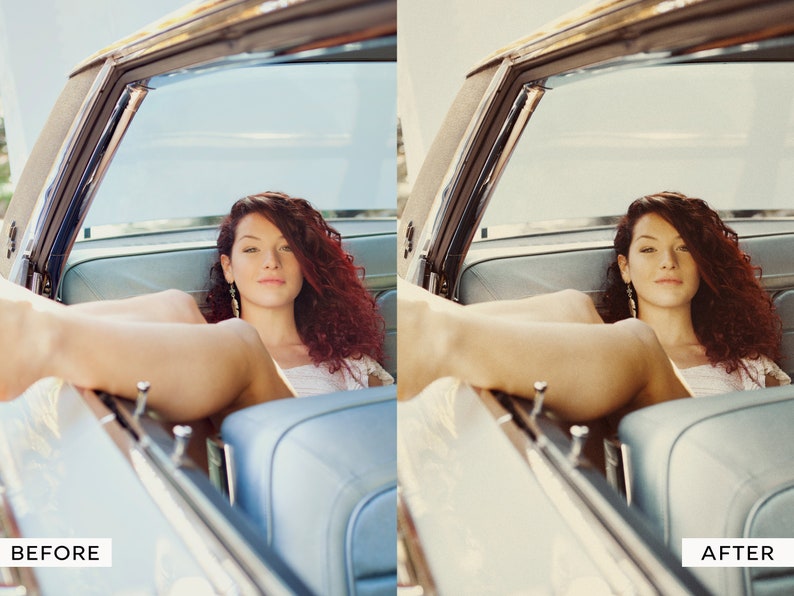 May include: A woman with long, curly red hair sits in the backseat of a vintage car. She is wearing a white dress and has her legs up on the dashboard. The car is a light blue color and has a chrome trim.