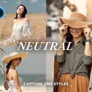 May include: Three women wearing different styles of hats. The woman on the left is wearing a straw hat, the woman in the middle is wearing a white hat, and the woman on the right is wearing a brown fedora. The text "NEUTRAL" is in the middle of the image. The text "CAPTURE ONE STYLES" is at the bottom of the image.